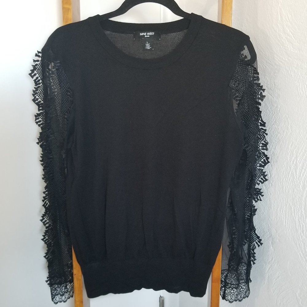 Nine West Jean Black Sweater with Sheer Lace Sleeves Size L
